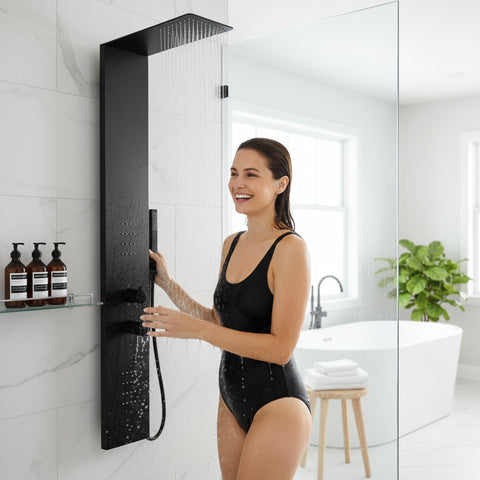 Collines Series 55 in. 2-Jetted Shower Tower in Matte Black with Heavy Rain Showerhead, Spray Wand, and DIY Friendly