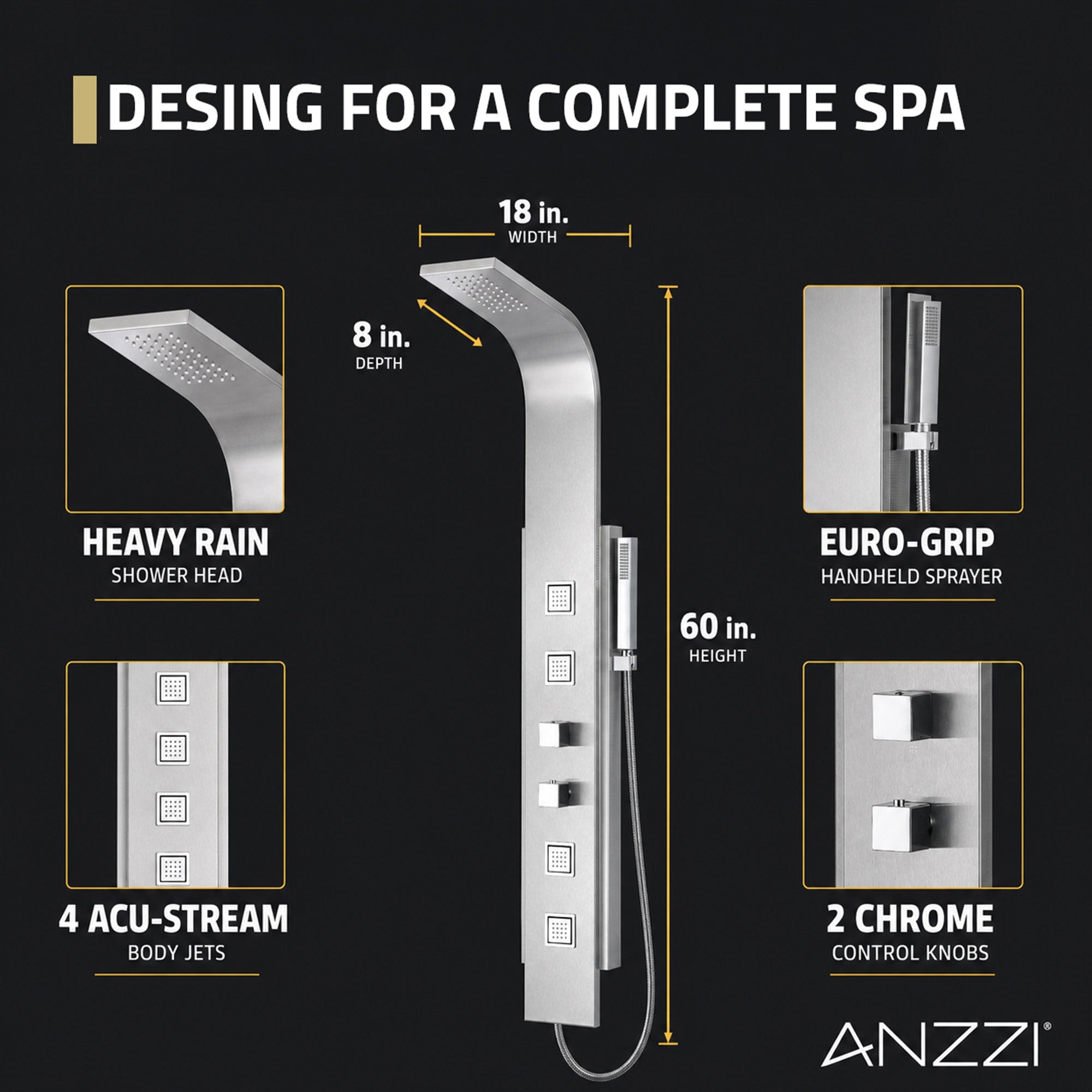 SP-AZ035 - ANZZI VISOR Series 60 in. 4-Jetted Full Body Shower