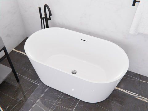 Chand Series 59 in. x 30 in. Flat Bottom Acrylic Freestanding Soaking Bathtub with Center Drain in Glossy White