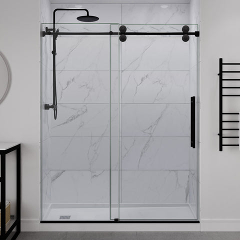 ANZZI 60" x 76" Frameless Sliding Shower Door, 3/8" TSUNAMI GUARD Glass, Exposed Rollers and RHINO ALLOY Hardware, Matte Black