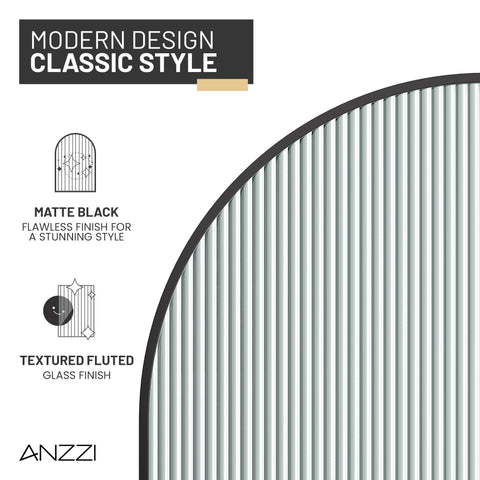 Ember Series 78 in. x 34 in. Framed Arch Fixed Shower Screen Door in Matte Black with 8mm Tempered Fluted Glass
