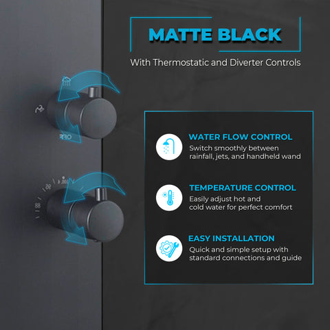 Collines Series 55 in. 2-Jetted Shower Tower in Matte Black with Heavy Rain Showerhead, Spray Wand, and DIY Friendly