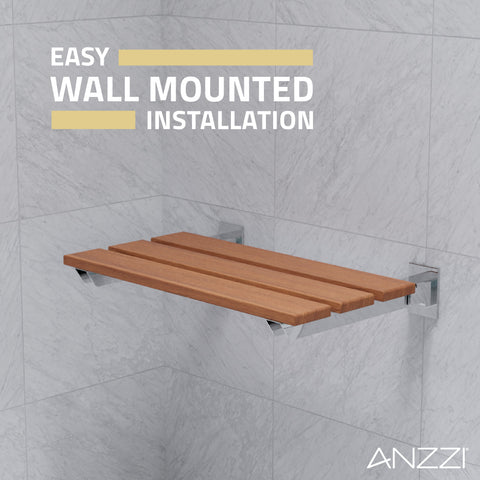 ANZZI Bohemian Folding Teak Shower Seat (18.7" x 12.6"), 280 lbs Weight Capacity, Natural Teak Wood, ADA Compliant, Space-Saving Wall Mount