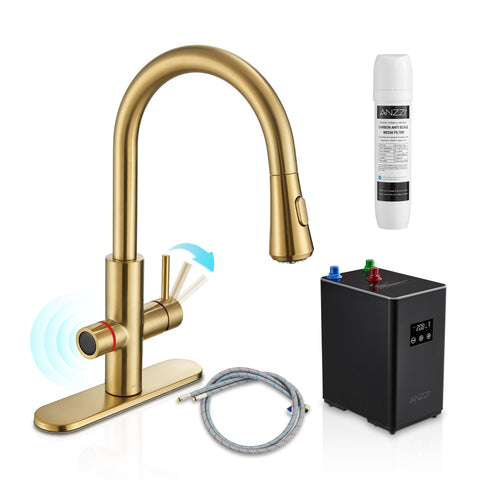 Sunset 4-in-1 Single Handle 17.5 in. Faucet for Instant Hot Water Dispensor with Boiler Tank and Filter in Brushed Gold