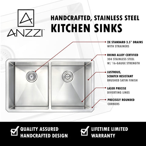 ANZZI VANGUARD Undermount 32 in. Double Bowl Kitchen Sink with Soave Faucet in Brushed Nickel