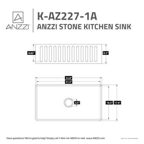 ANZZI Roine Farmhouse Reversible Apron Front Solid Surface 33 in. Single Basin Kitchen Sink in White