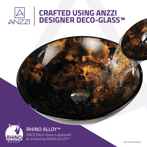 Timbre Series Deco-Glass Vessel Sink in Kindled Amber with Matching Chrome Waterfall Faucet