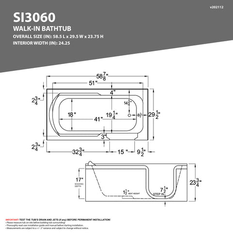 30 in. x 60 in. Right Drain Step-In Walk-In Whirlpool Tub with Low Entry Threshold in White