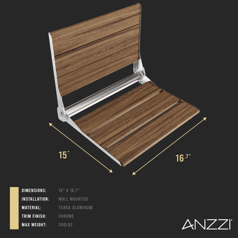ANZZI Saxon Folding Teak Shower Seat (17" x 17"), 350 lbs Weight Capacity, Natural Teak Wood, ADA Compliant, Robust Wall Mount