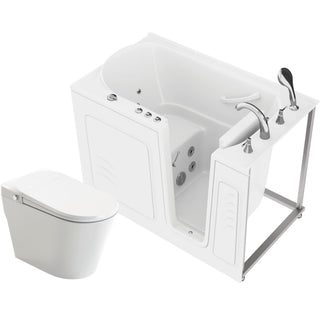 ANZZI Series 30 in. x 53 in. Right Drain Walk-In Whirlpool Tub with Fast Drain in White and Auto Flush Smart Bidet Toilet