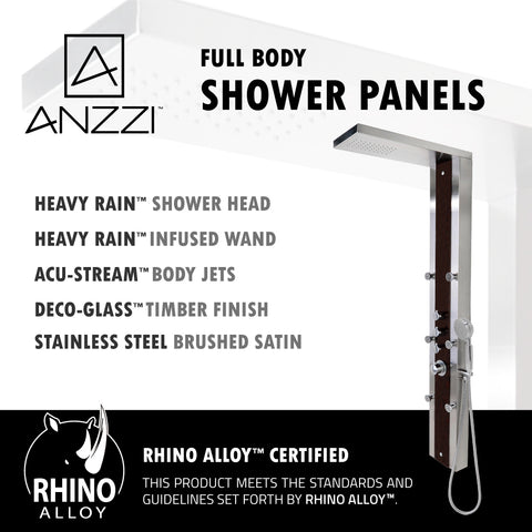Kiki Series 59 in. 6-Jetted Shower Panel with Heavy Rain Shower and Body Jets and Spray Wand in Mahogany Deco-Glass