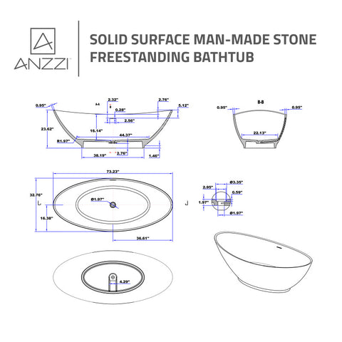 Masoko Series 74 in. x 34 in. Flat Bottom Solid Surface Freestanding Soaking Bathtub with Center Drain in Matte White