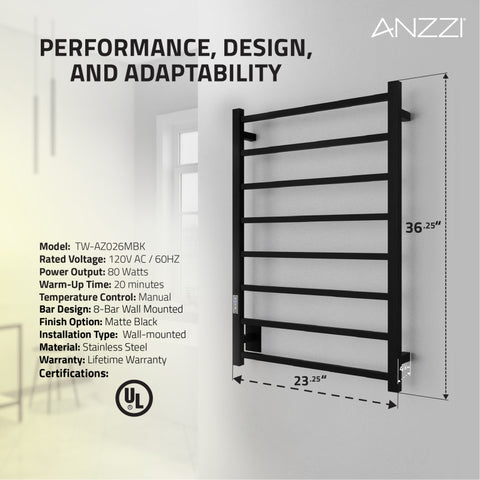 ANZZI Bell 8-Bar Stainless Steel Wall Mounted Electric Towel Warmer Rack