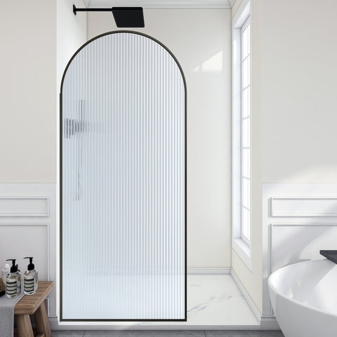 Ember Series 78 in. x 34 in. Framed Arch Fixed Shower Screen Door in Matte Black with 8mm Tempered Fluted Glass