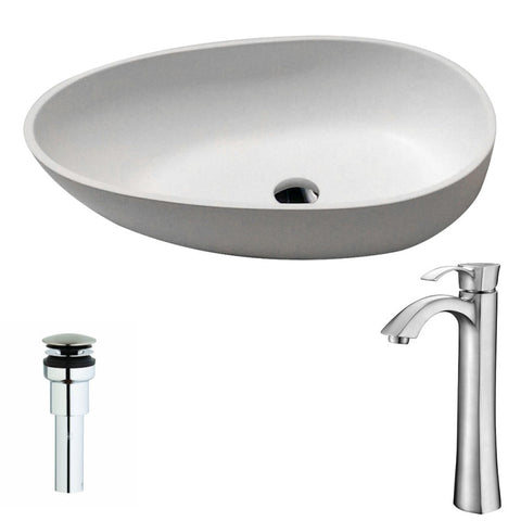 LSAZ606-095B - ANZZI Trident One Piece Solid Surface Vessel Sink in Matte White with Harmony Faucet in Brushed Nickel