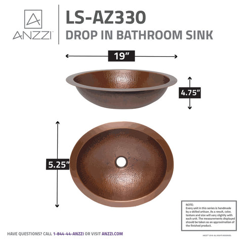 ANZZI Roma 19 in. Drop-in Oval Bathroom Sink in Hammered Antique Copper