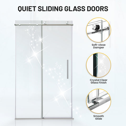 Mountain 48 in Reversible Frameless Sliding Deco-Glass Shower Door with Soft-Close System and Brushed Nickel Finish