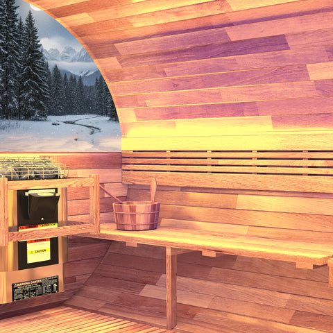 4-6 Person Outdoor Barrel Sauna in Cedar with ETL-Certified 6.2kW Rock Heater, Panoramic View, and Non-Curved Design