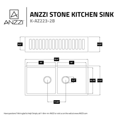 ANZZI Roine Farmhouse Reversible Apron Front Solid Surface 35 in. Double Basin Kitchen Sink