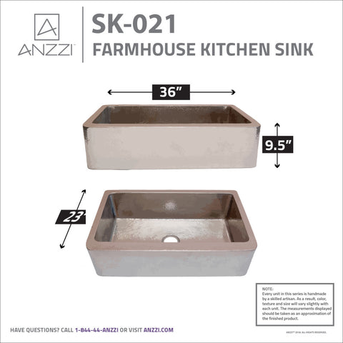 ANZZI Parthia Farmhouse Handmade Copper 36 in. 0-Hole Single Bowl Kitchen Sink in Hammered Nickel
