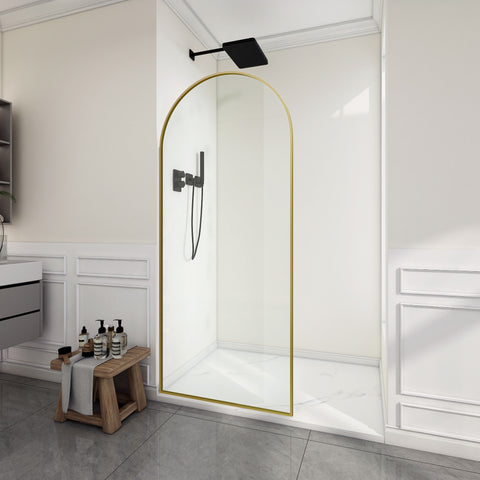 Ember Series 78 in. x 34 in. Framed Arch Fixed Shower Screen Door in Brushed Gold with 8mm Tempered Clear Glass