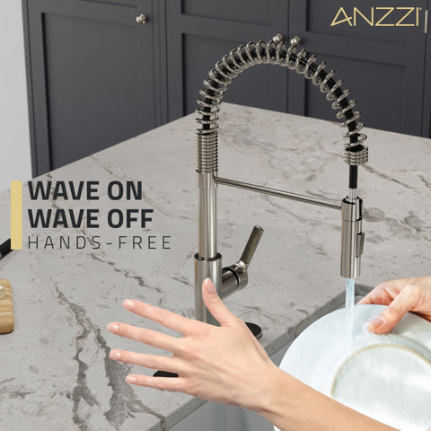 KF-AZ303BN - ANZZI Ola Hands Free Touchless 1-Handle Pull-Down Sprayer Kitchen Faucet with Motion Sense and Fan Sprayer in Brushed Nickel