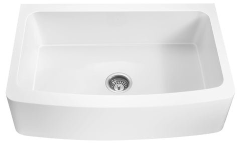 Prisma Series Farmhouse Solid Surface 36 in. 0-Hole Single Bowl Kitchen Sink with 1 Strainer in Matte White