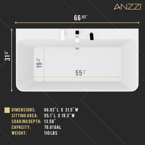 ANZZI 67 in. x 30 in. Freestanding Soaking Tub w/ Deck Mount Faucet & Hand Sprayer