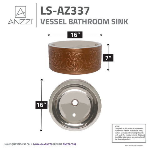 ANZZI Fleet 16 in. Handmade Vessel Sink in Polished Antique Copper with Floral Design Exterior