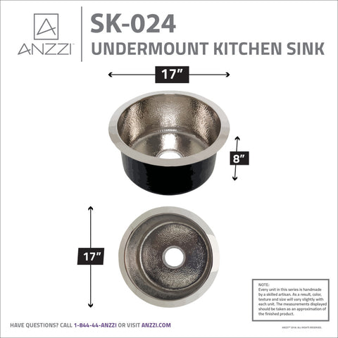 ANZZI Rumelia Drop-in Handmade Copper 17 in. 0-Hole Single Bowl Kitchen Sink in Hammered Nickel