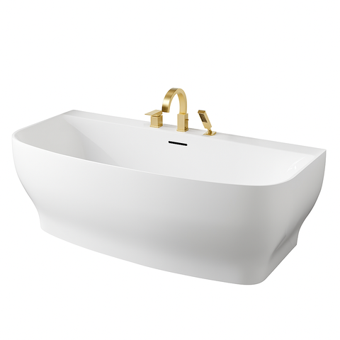 Bank Series 65 in. x 31 in. Flat Bottom Acrylic Freestanding Soaking Bathtub with Center Drain, Brushed Gold Faucet