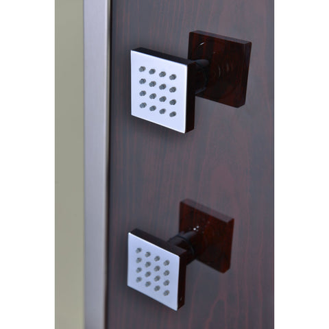 Monsoon 57 in. 4-Jetted Full Body Shower Panel with Heavy Rain Shower and Spray Wand in Mahogany Style Deco-Glass