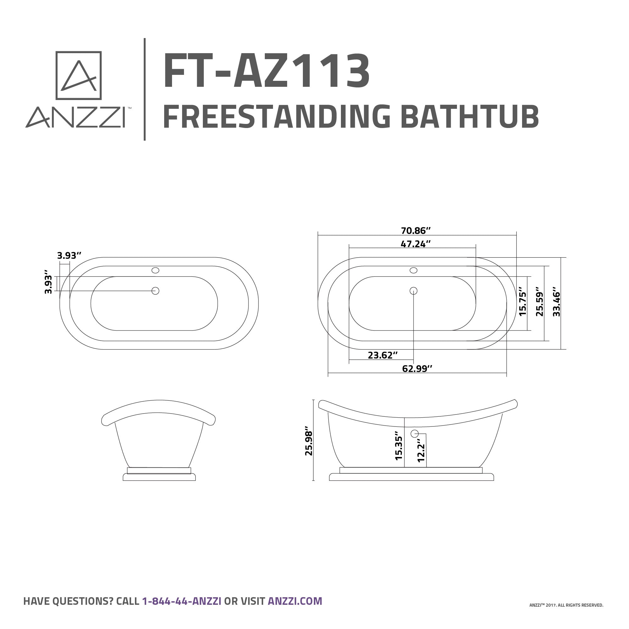 FT-AZ113 - ANZZI Ruby Series 71 in. x 33 in. Flat Bottom Acrylic
