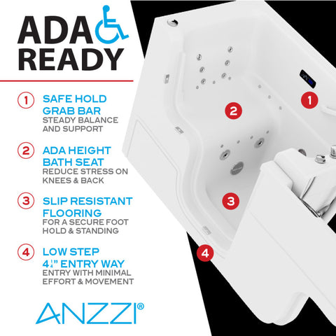 ANZZI Left Drain FULLY LOADED Wheelchair Access Walk-in Tub with Air and Whirlpool Jets Hot Tub | Quick Fill Waterfall Tub Filler with 6 Setting Handheld Shower Sprayer | Including Aromatherapy, LED Lights, V-Shaped Back Jets, and Auto Drain | 2953WCLWD