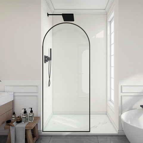 Ember Series 78 in. x 34 in. Framed Arch Fixed Shower Screen Door in Matte Black with 8mm Tempered Clear Glass