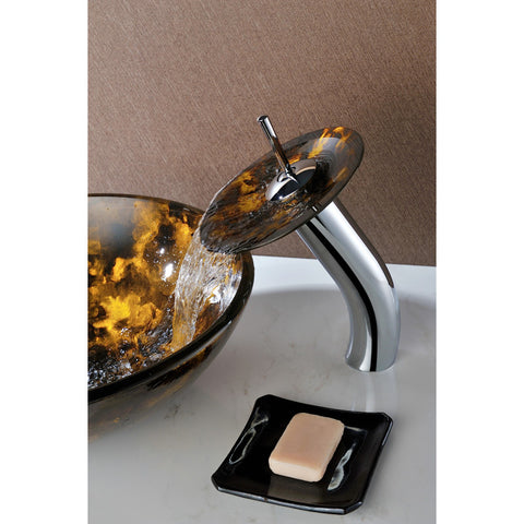 LS-AZ049 - ANZZI Timbre Series Deco-Glass Vessel Sink in Kindled Amber with Matching Chrome Waterfall Faucet