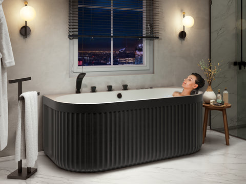 67 in. x 32 in. Flat Bottom Stone Resin Freestanding Whirlpool and Air Bathtub with Center Drain in Black and White