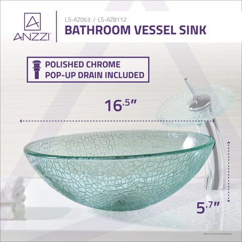 ANZZI Paeva Series Deco-Glass Vessel Sink in Crystal Clear Chipasi with Matching Chrome Waterfall Faucet