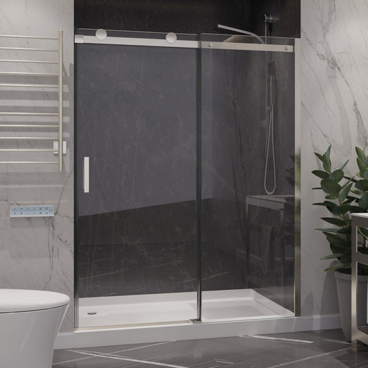 48 in. x 76 in. Frameless Sliding Shower Door with Handle in Brushed Nickel