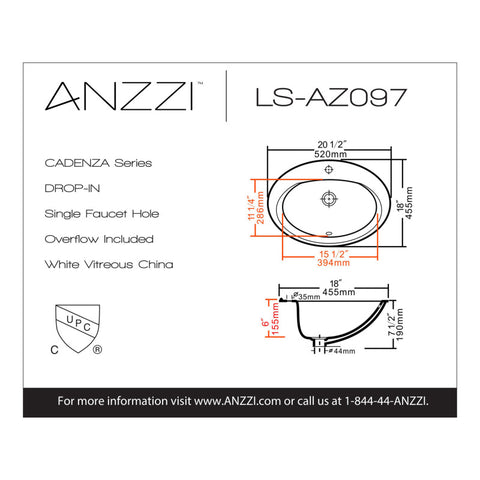 ANZZI Cadenza Series 20.5 in. Ceramic Drop In Sink Basin in White