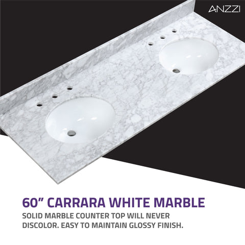 ANZZI Chateau 60" Double Vanity Set (36" H), Handmade Wood Cabinet, Carrara Marble Countertop, Soft-Close Storage, Paladin Protection Finish, Multiple Cabinet Colors