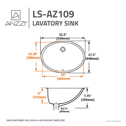 ANZZI Rhodes Series 21.5 in. Ceramic Undermount Sink Basin in White