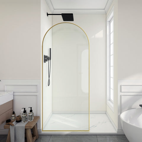 Ember Series 78 in. x 34 in. Framed Arch Fixed Shower Screen Door in Brushed Gold with 8mm Tempered Clear Glass