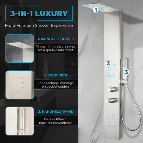 Collines Series 55 in. 2-Jetted Shower Tower in Brushed Nickel with Heavy Rain Shower, Spray Wand, and DIY Friendly