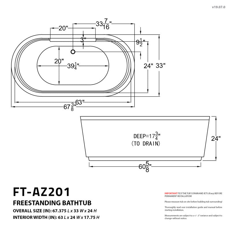 ANZZI Sofi 67 in. Center Drain Whirlpool and Air Bath Tub