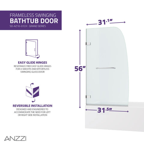 ANZZI Grand Series 31.5 in. by 56 in. Frameless Hinged Tub Door