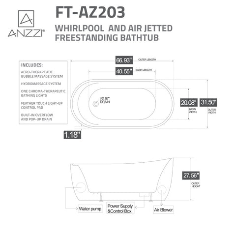 ANZZI Janet Series 67 in. Freestanding Acrylic Air and Whirlpool Bathtub with Touch Sensitive Control and Chroma Lights