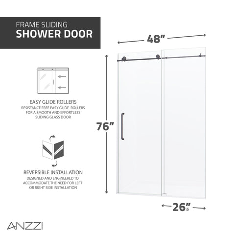 Madam Series 48 in. by 76 in. Frameless Sliding Shower Door in Gunmetal with Clear Tempered Glass and Tsunami Guard