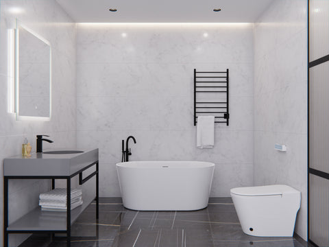 Chand Series 59 in. x 30 in. Flat Bottom Acrylic Freestanding Soaking Bathtub with Center Drain in Glossy White