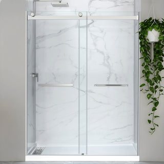 Kahn Series 60 in. x 32 in. Alcove Shower Base and Frameless Sliding Shower Door Combo with Tsunami Guard